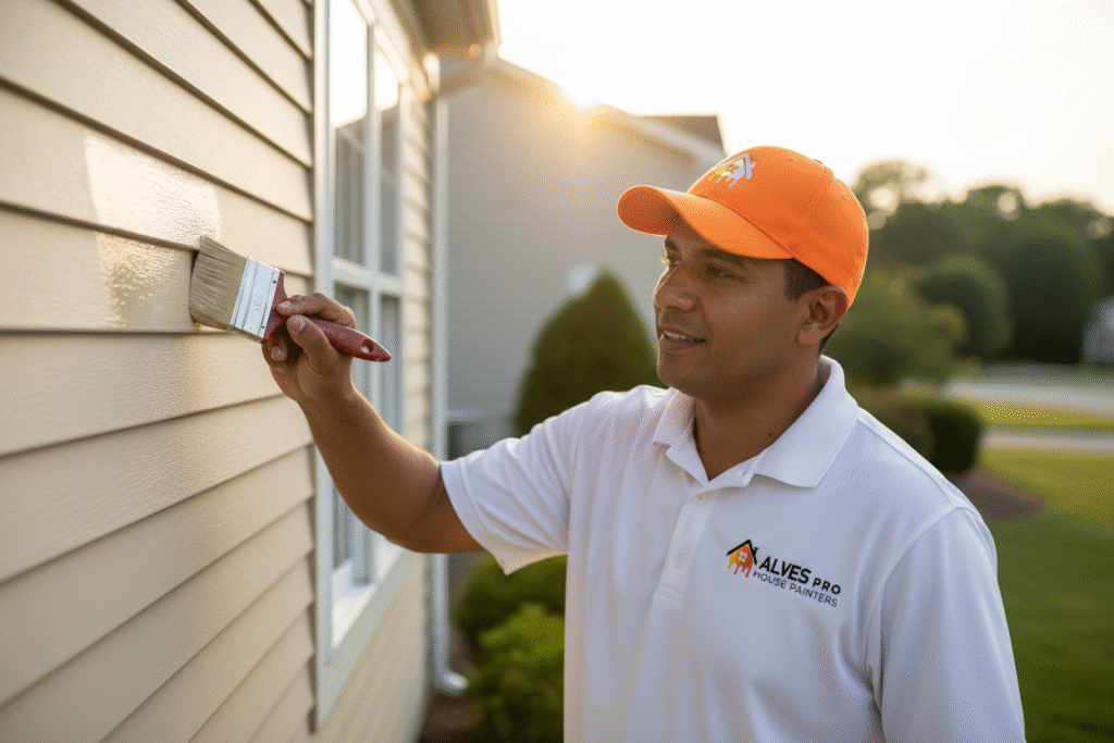 Professional exterior house painter painting siding on a residential home