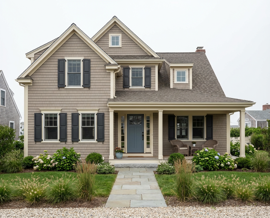 Warm gray and soft white exterior color look on a Connecticut neighborhood home — Alves Pro House Painters.