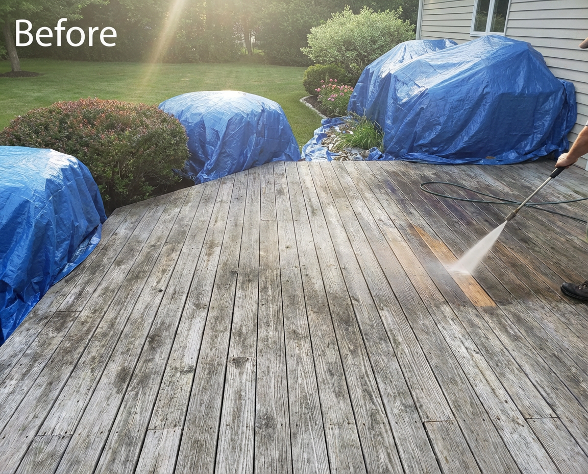 Deck staining in Hartford County, CT — wash, brighten, moisture-checked application — Alves Pro House Painters.