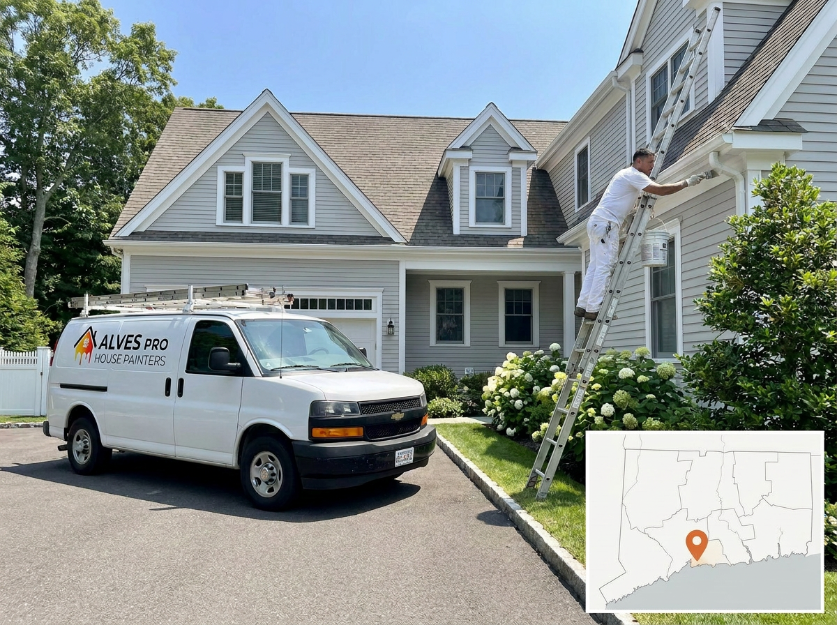 Alves Pro painter working on a Branford, CT home exterior with branded van, ladder and local service map