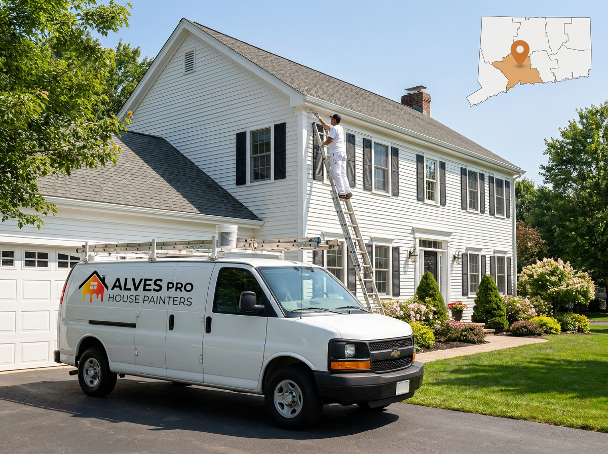 Alves Pro painter working on a Cheshire, CT home exterior with branded van, ladder and local service map
