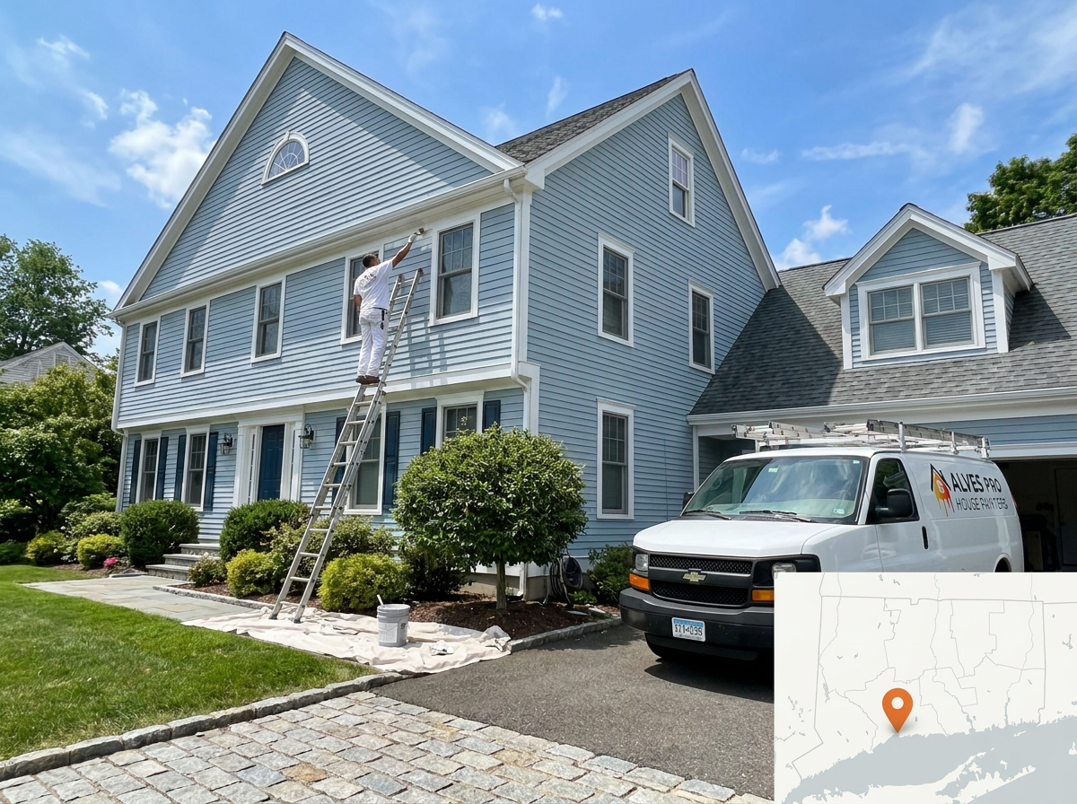 Alves Pro painter working on a Milford, CT home exterior with branded van, ladder and local service map