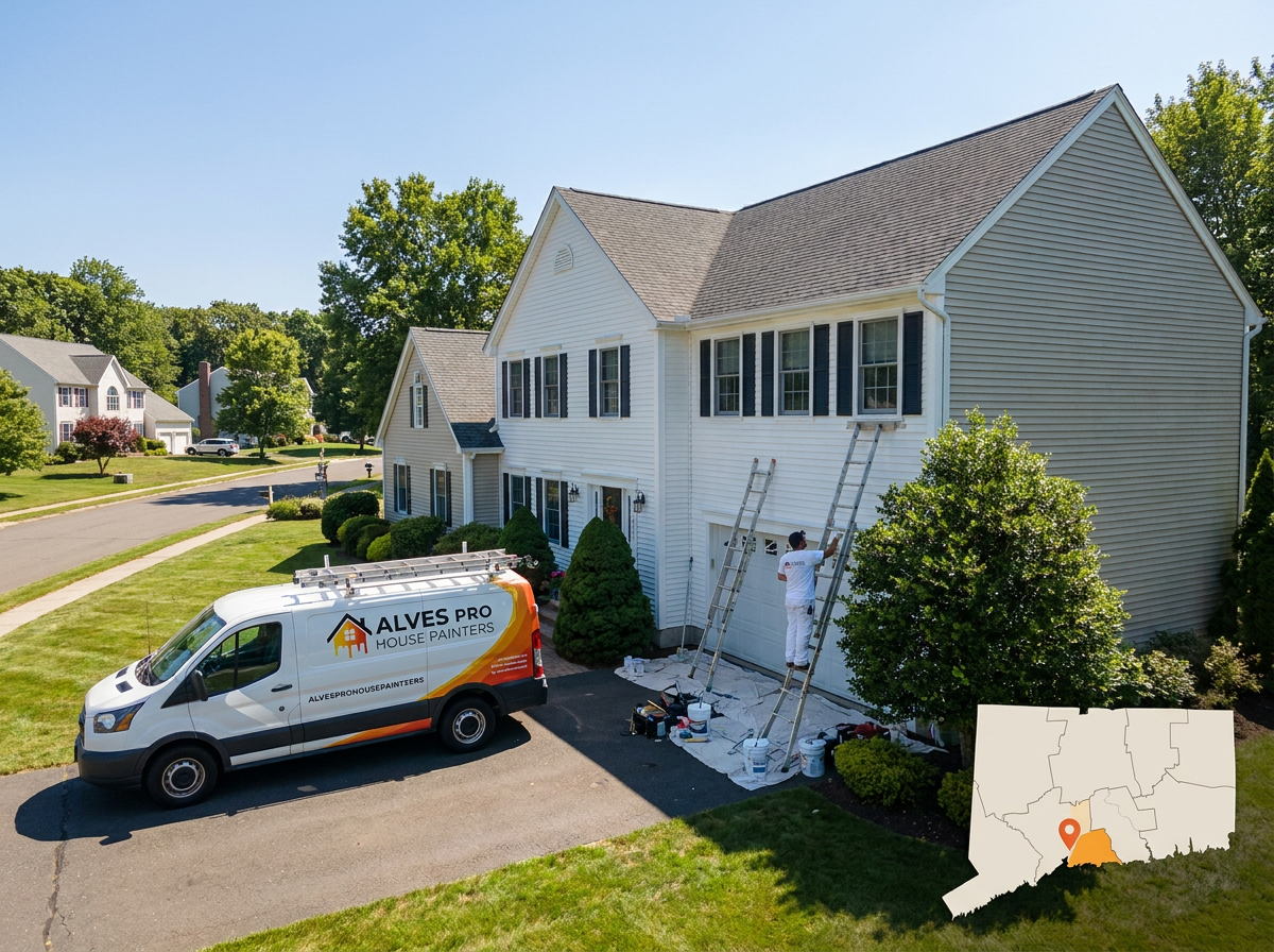 Alves Pro painter working on a North Haven, CT home exterior with branded van, ladders and local service map