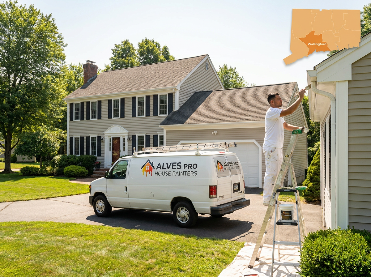 Alves Pro painter working on a Wallingford, CT home exterior with company van, ladder and local service map