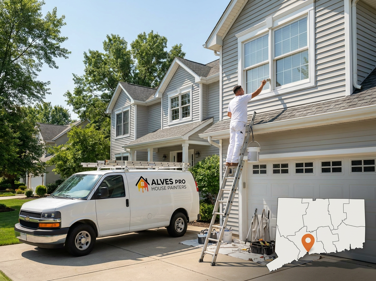 Alves Pro painter working on a West Haven, CT home exterior with company van, ladder and local service map