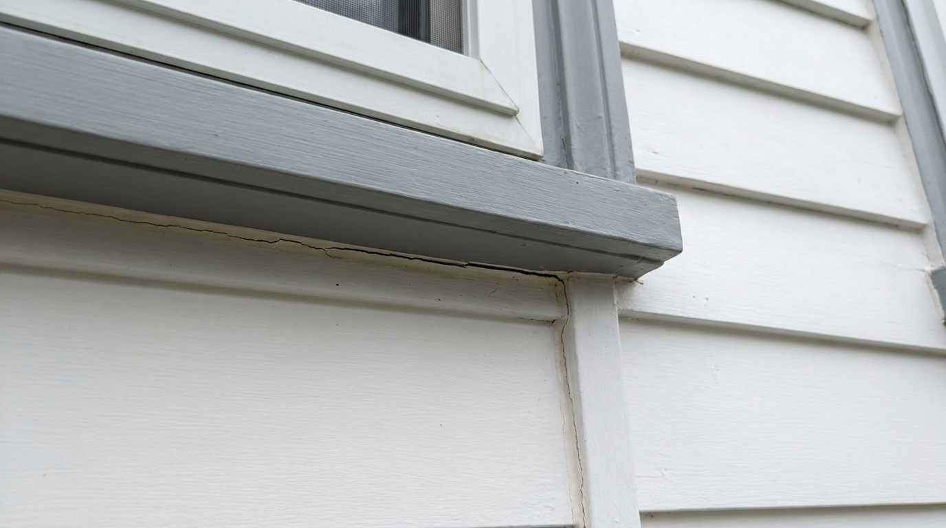 Exterior trim joint showing early caulk stress from seasonal movement