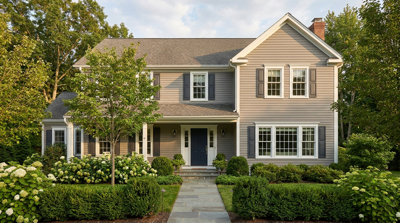 Finished exterior paint system on a New Haven County home with lush landscaping