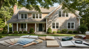 Exterior painting design planning for a Branford, CT home with cedar shingles, color samples and material boards