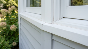 Close-up of exterior window trim with cracked caulk and early moisture staining along the siding joint