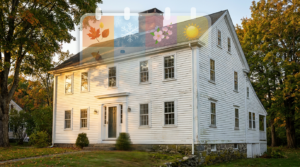 Older New Haven County home exterior with seasonal icons showing how weather affects paint lifespan