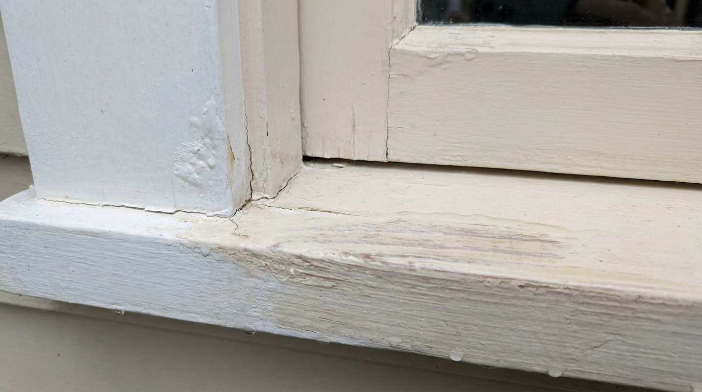 Moisture-caused exterior paint failure detail on a home surface