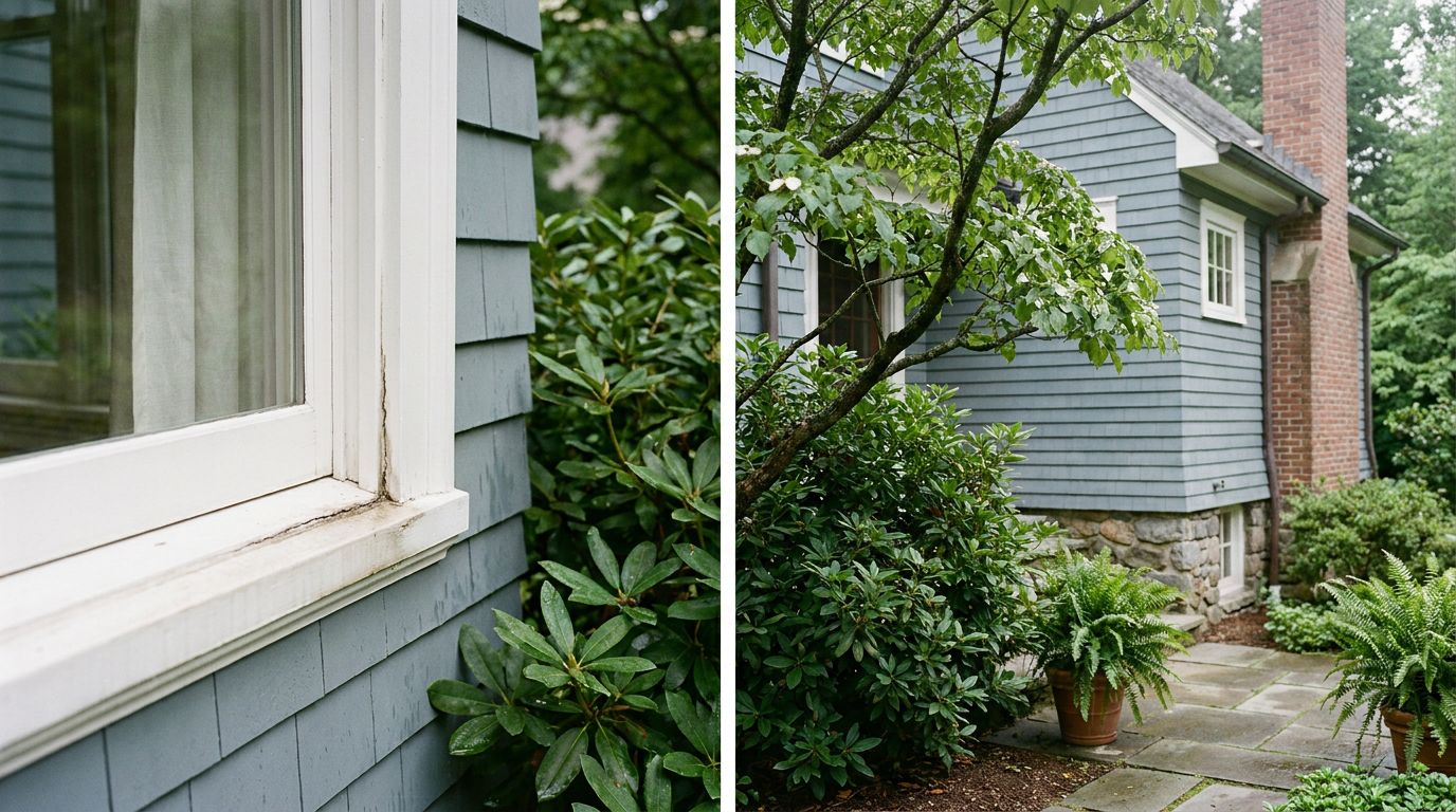 Moisture-prone exterior trim transition with early caulk separation
