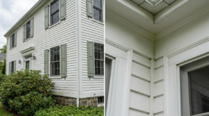 Home exterior with siding discoloration, dark moisture streaks and vulnerable trim corners exposed to water buildup
