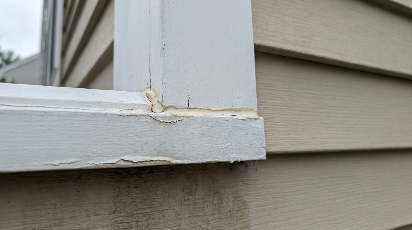 Moisture-Prone Trim Joints With Early Paint Failure Moisture-prone exterior trim joints showing early paint failure detail