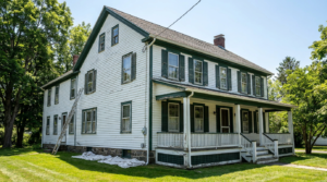 Older Connecticut home exterior with peeling trim, worn siding, ladder and drop cloths prepared for painting prep