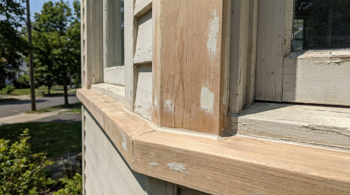 Older Home Caulking Joints and Paint Ready Stabilization Caulking joints and paint-ready stabilization area on an older home exterior