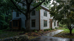 Shaded home exterior surrounded by large trees with wet walkways and moisture exposure after rainfall