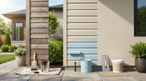Exterior wood, vinyl and stucco surfaces shown with painting tools to compare how each material affects paint application