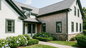 Home exterior showing wood siding, cedar shingles, fascia, trim and gutters that should be inspected before painting