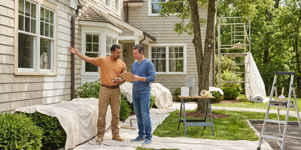 Painter discussing exterior project details with homeowner beside a prepared house painting jobsite